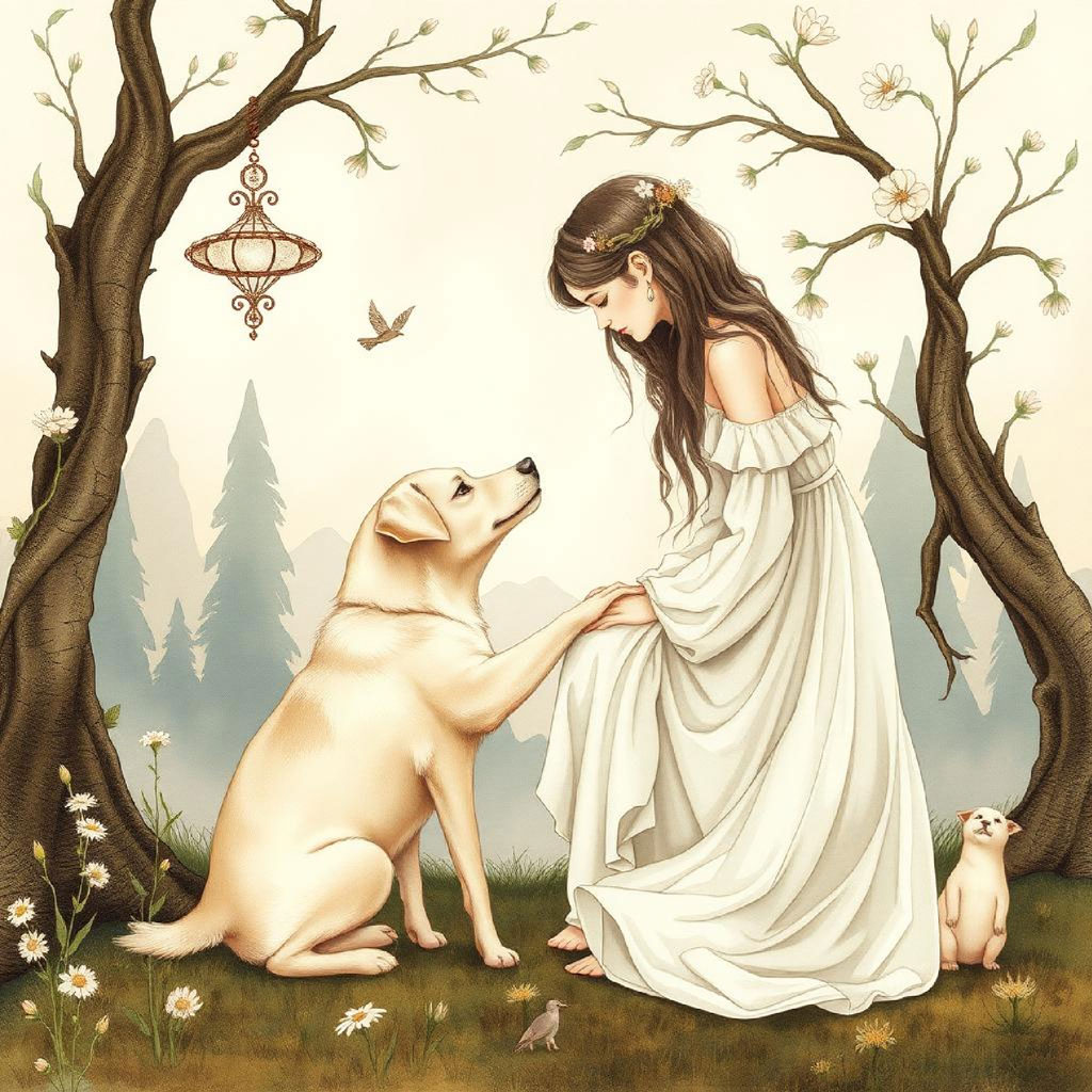 A woman in a flowing white dress with long brown hair stands next to a mythical creature with horns.