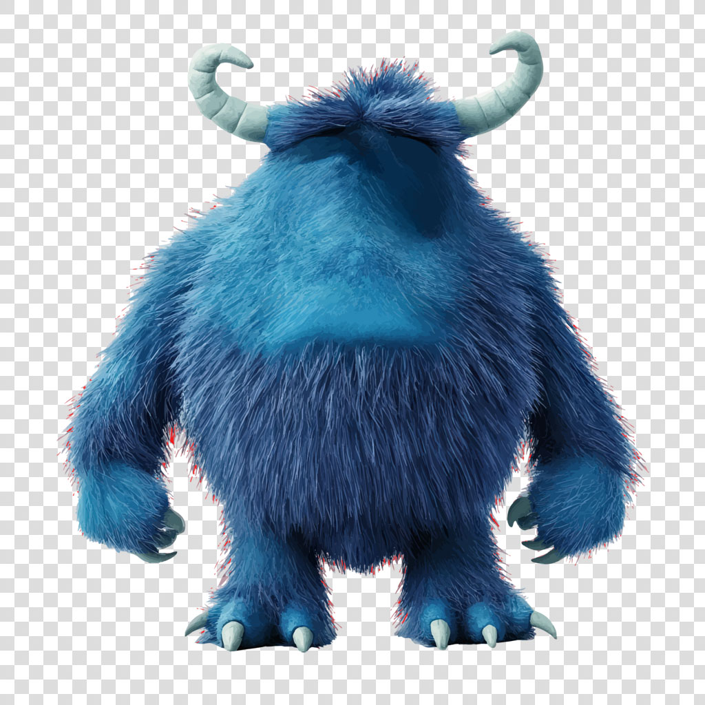 A blue, furry monster with two horns and sharp claws on its feet