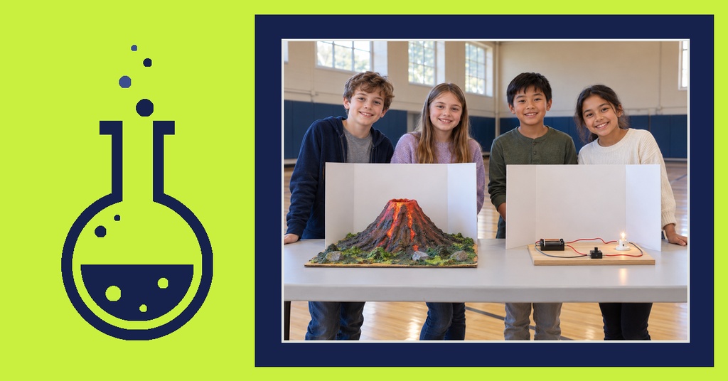 Four students standing behind science fair project displays beside a lab flask icon on a bright background.