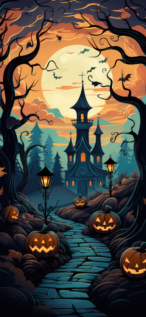 A spooky Halloween scene featuring a haunted house and jack-o'-lanterns on a dark night.