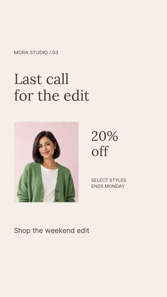 Minimal Instagram story design with a woman portrait, 20% off text, and weekend sale messaging.
