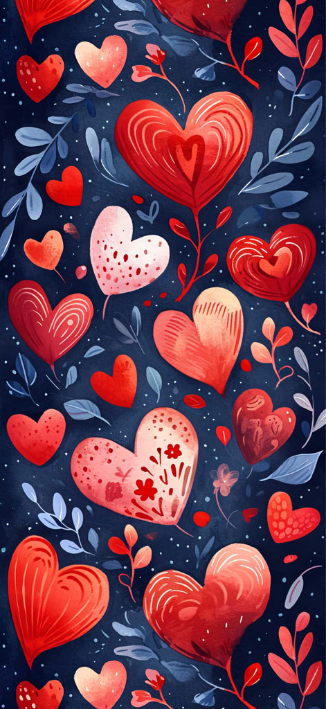 A colorful illustration of red hearts and leaves against a dark blue backdrop.