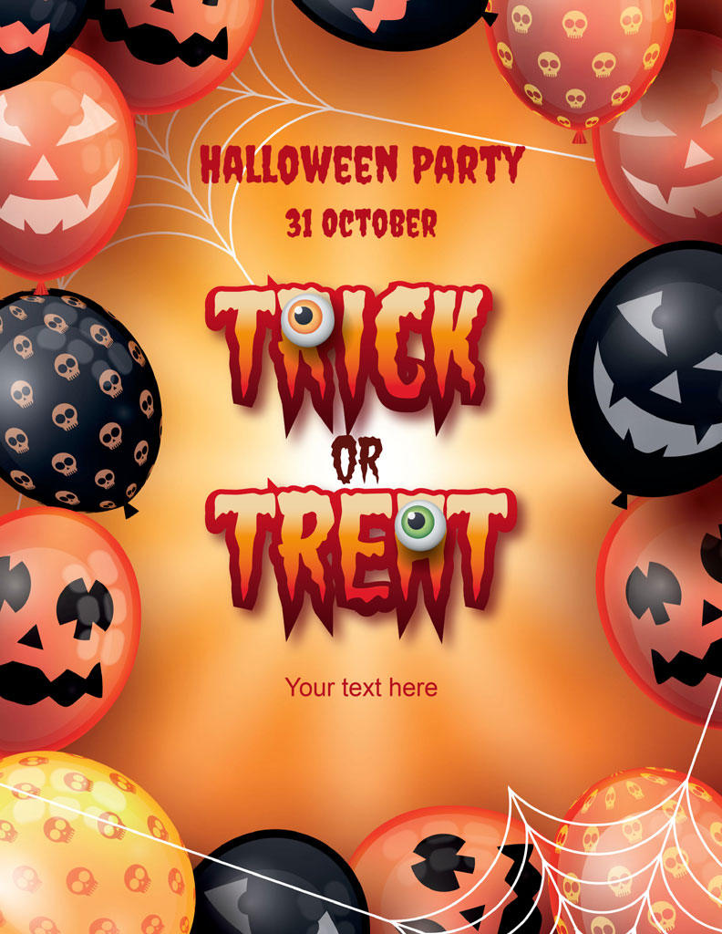 Halloween party invitation with balloons and trick or treat text