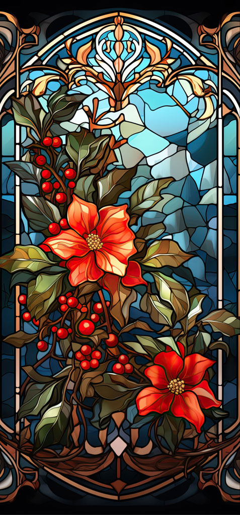 Stained glass window with poinsettia flowers and holly