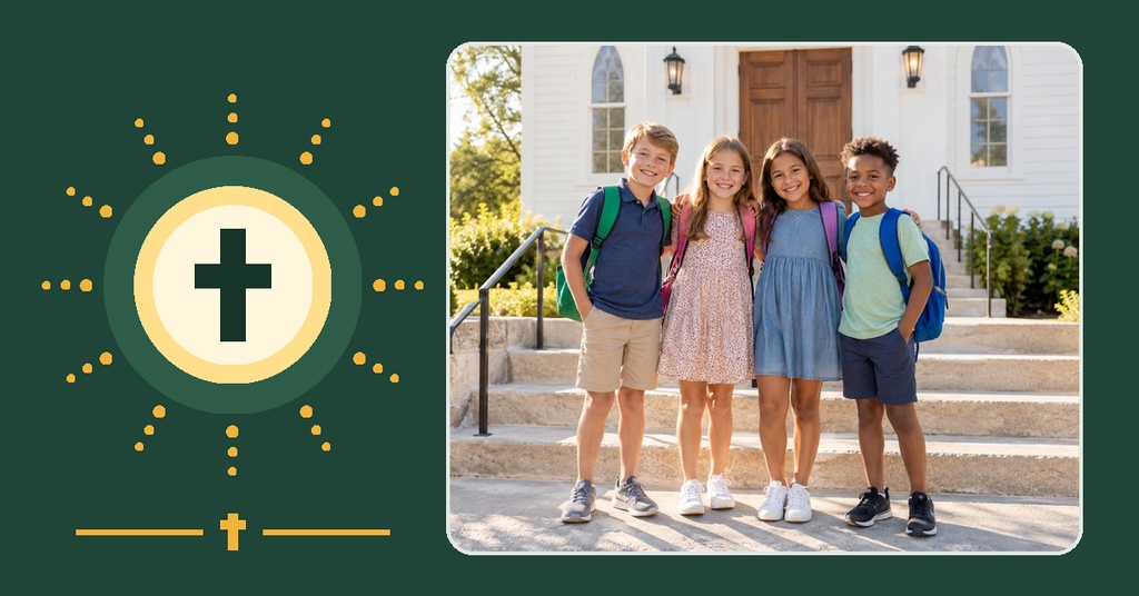 Four smiling students standing outside a church beside a backpack blessing cross emblem.