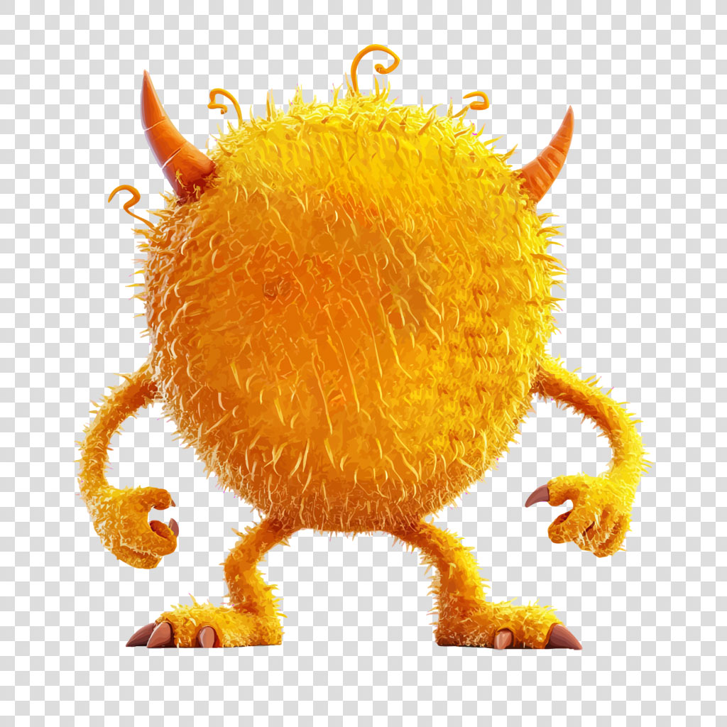 A yellow, furry monster with horns and a cute expression.