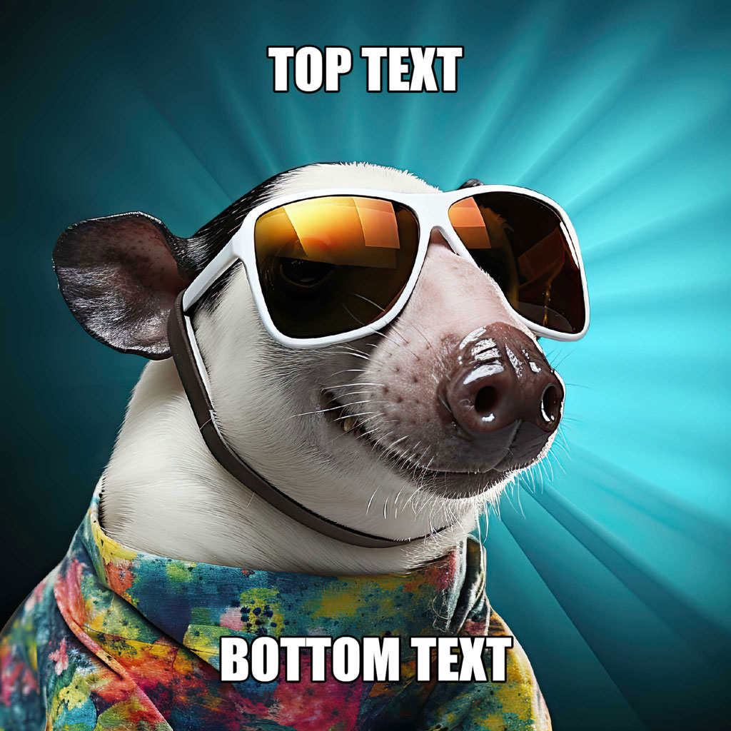 A black and white dog wearing white sunglasses and a colorful shirt against a blue background with rays of light.