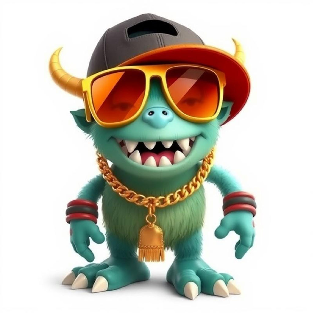 A cartoon monster with sunglasses and gold accessories.