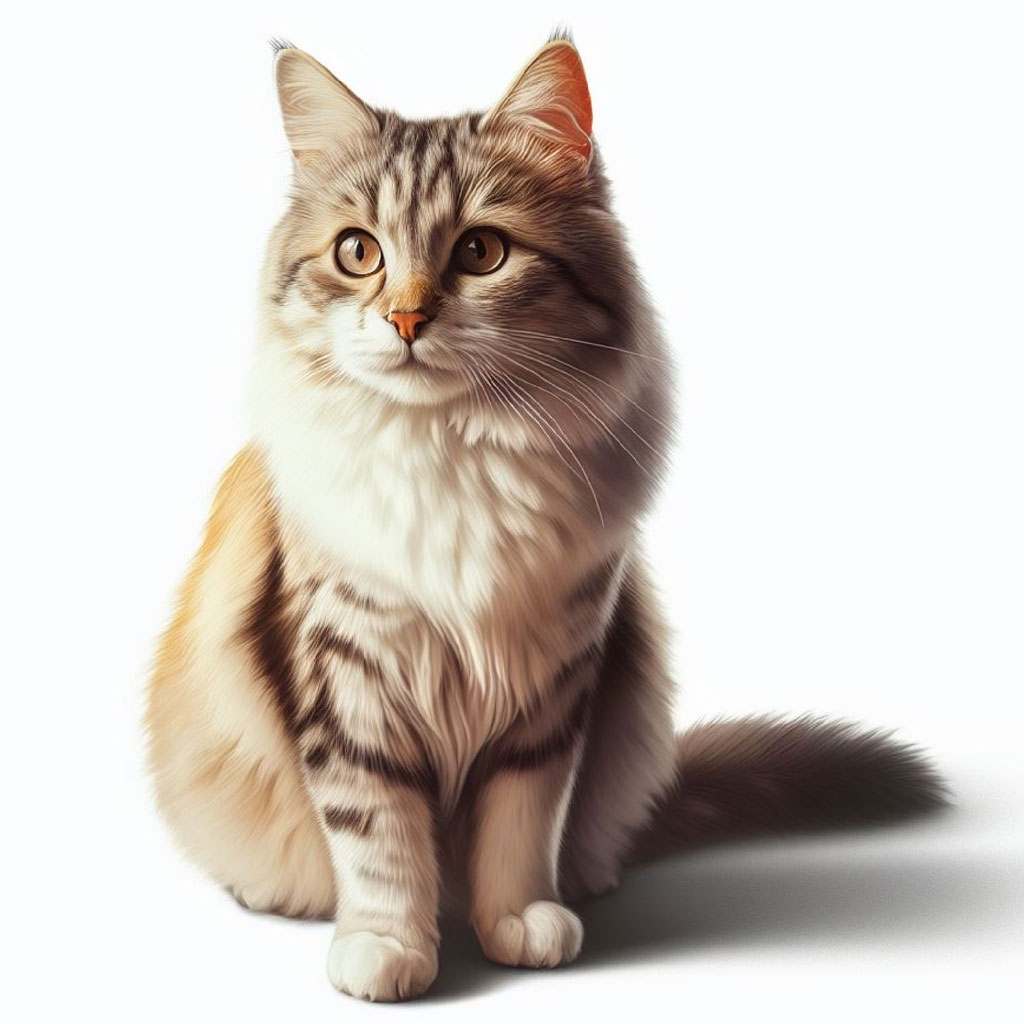 An orange tabby cat with green eyes sitting on a white background