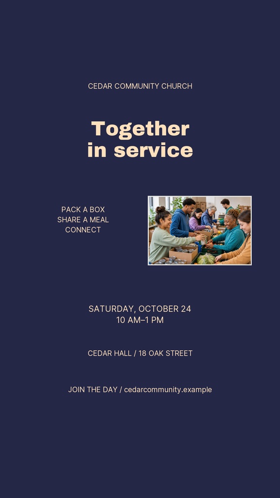 Portrait church story template with navy background, service event text, and a small volunteer photo.