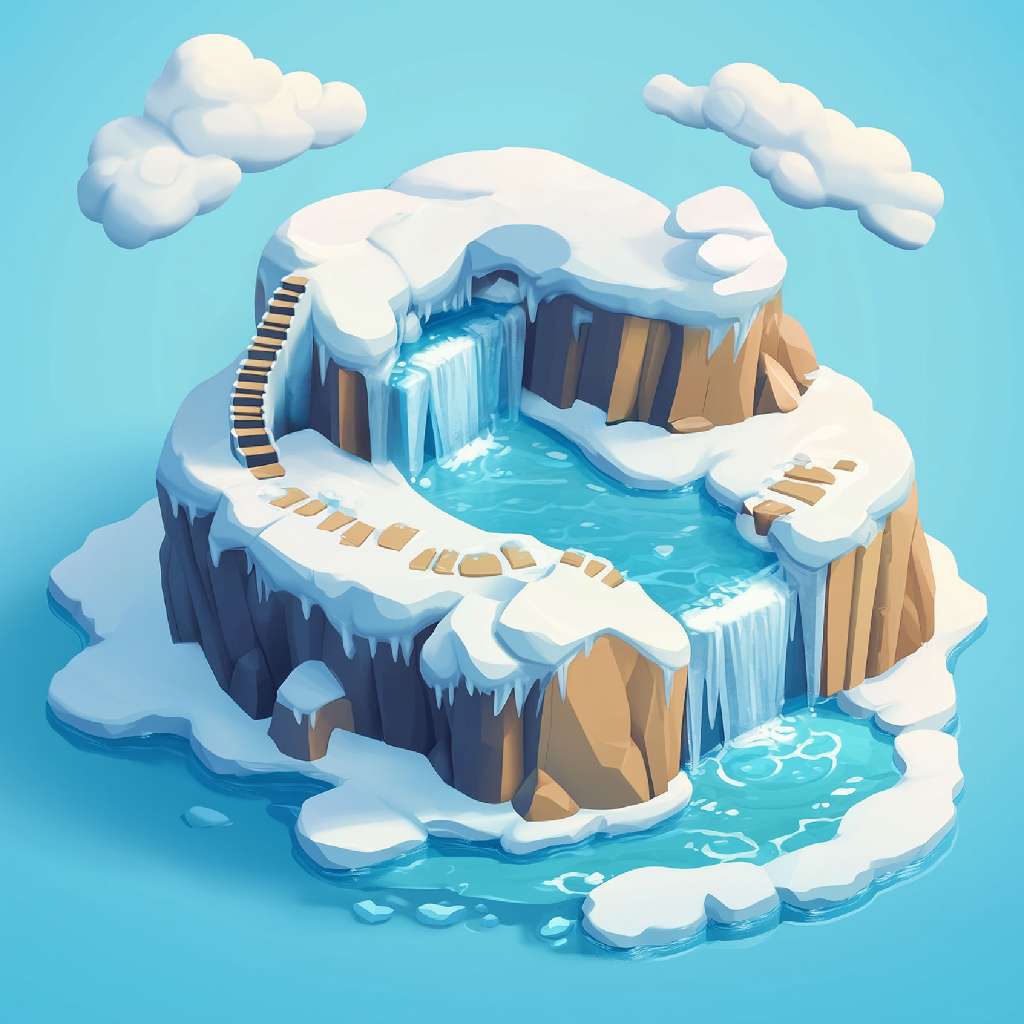 Isometric illustration of a snowy island with a lake and waterfalls