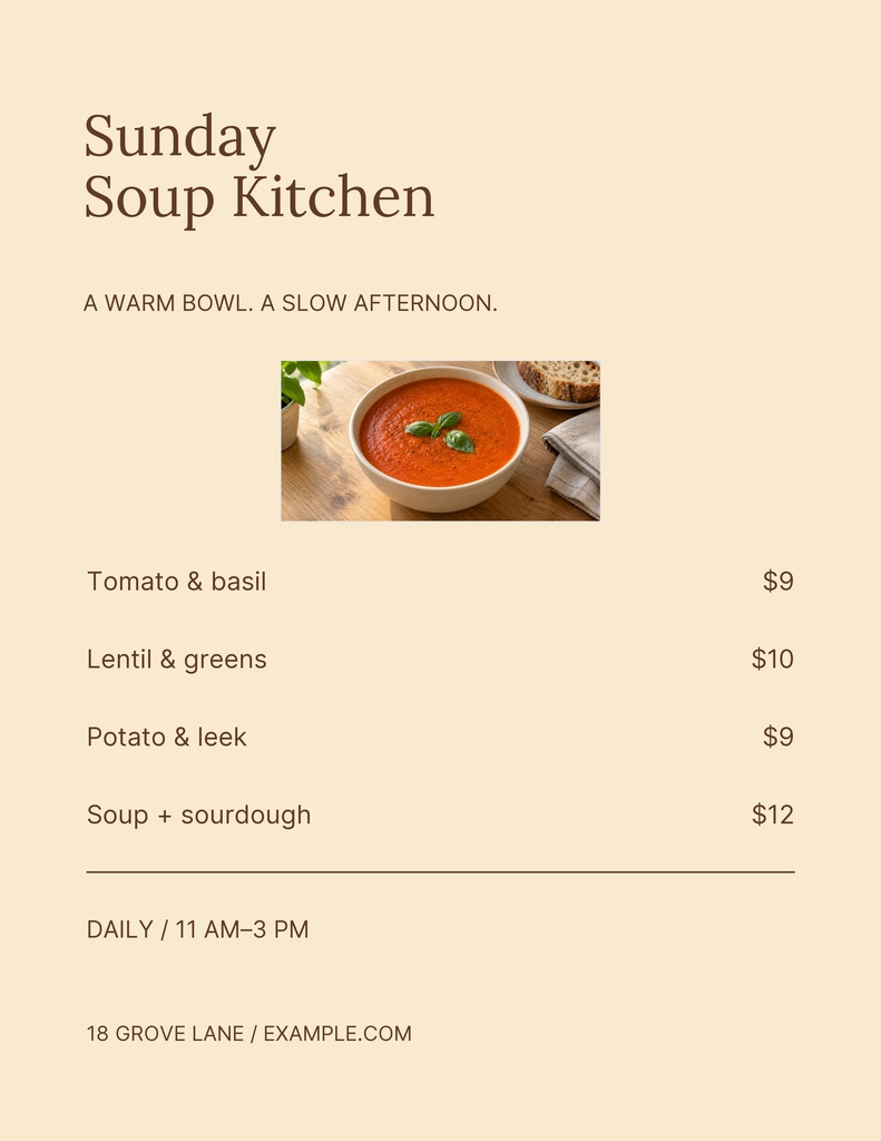 Preview for Sunday Soup Kitchen Letter Menu / Price List Template