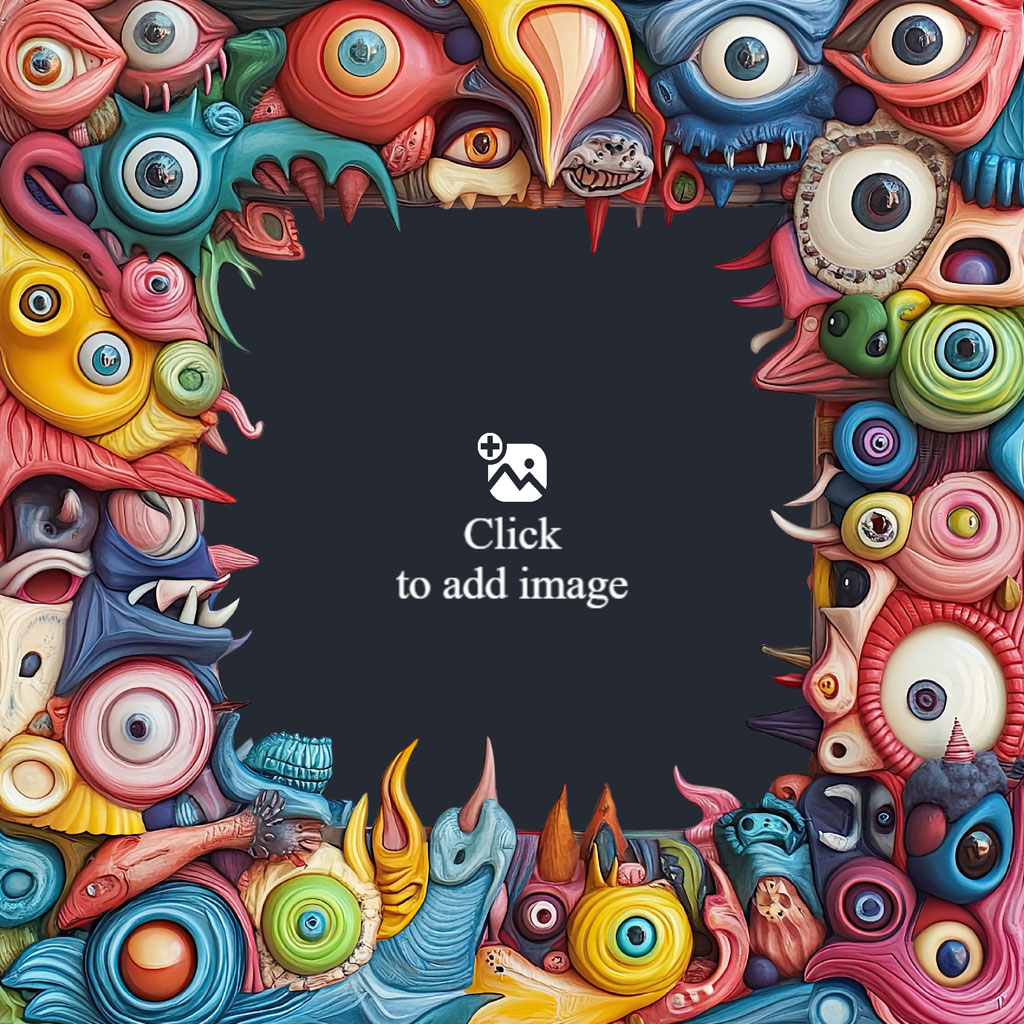 A colorful, fantastical frame made of eyes and creatures surrounding a black center.
