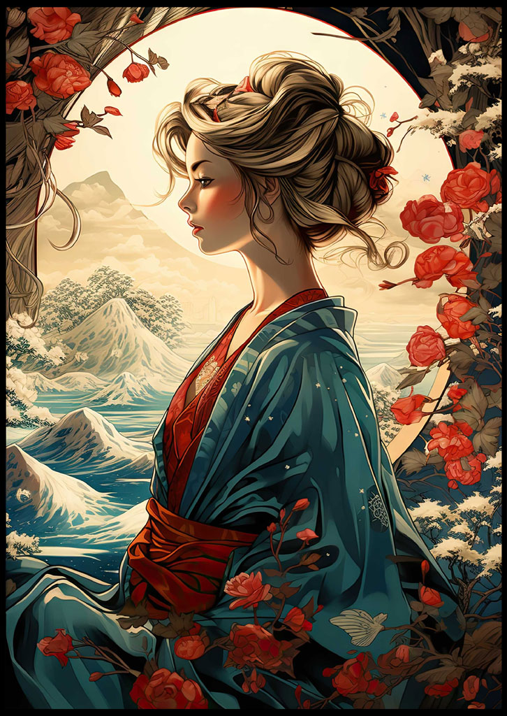 Illustration of a woman in traditional Japanese kimono with red flowers and snowy mountains in the background