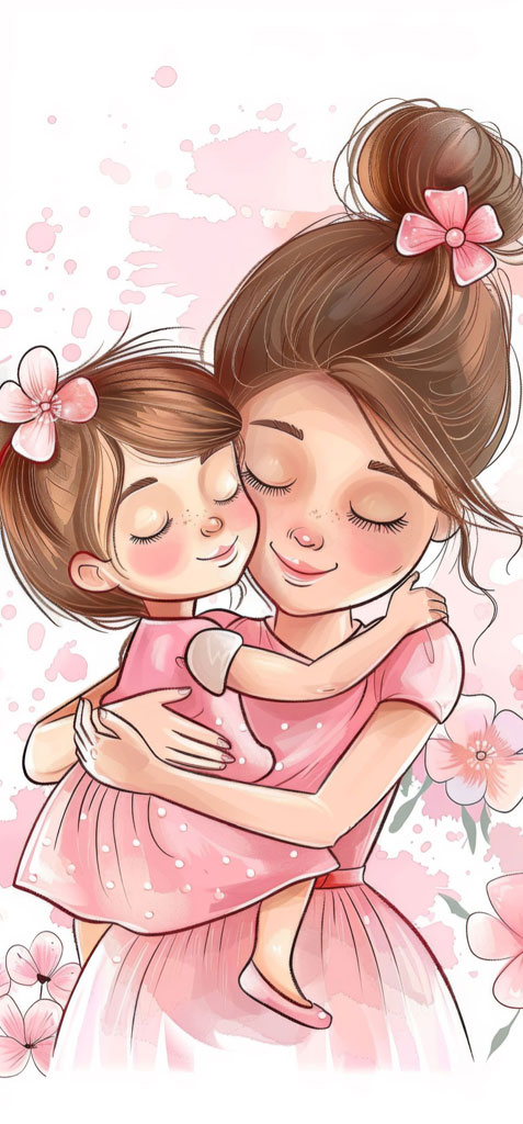 Cartoon illustration of a mother hugging her daughter with flowers in the background