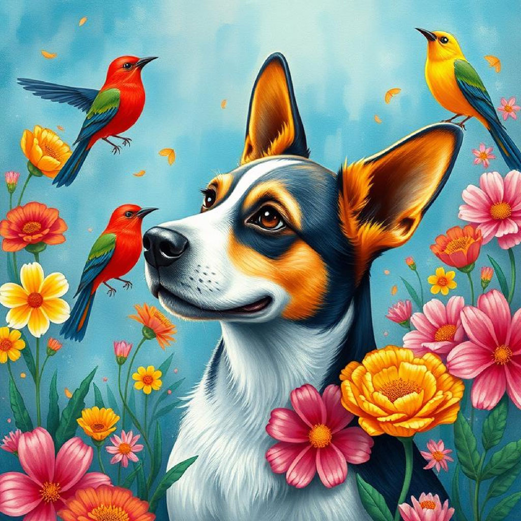 A digital illustration of a dog with flowers and birds around it.