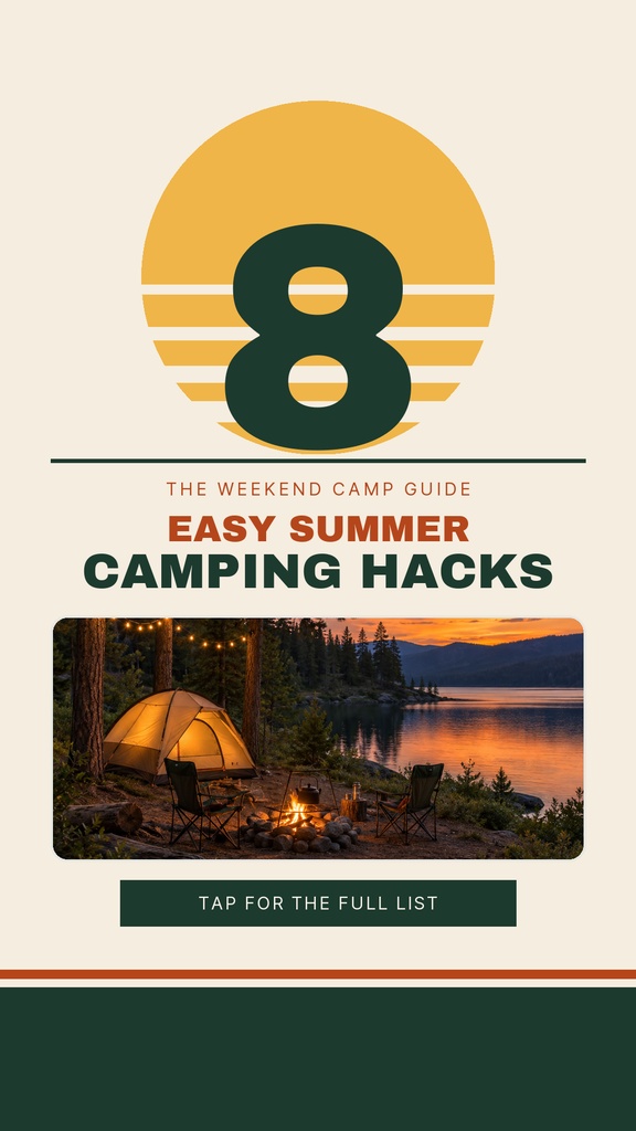 Portrait story design with a large number eight, camping photo, and bold easy summer camping hacks text.