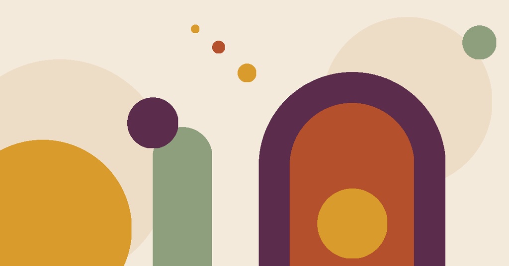 Abstract autumn-colored shapes with arches, circles, and muted beige background in a landscape layout.