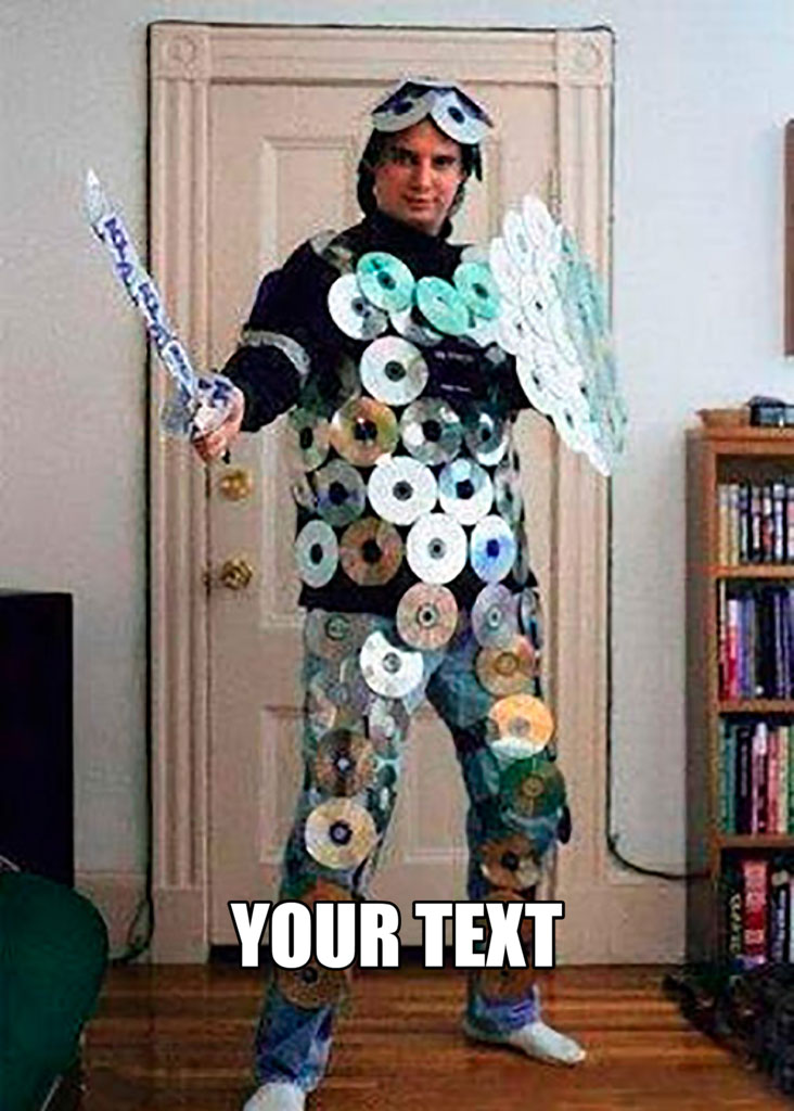 Man wearing a costume made of CDs, holding a sword and shield