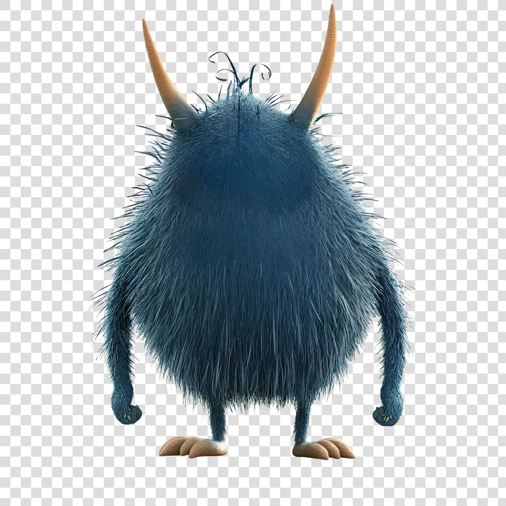 A blue, furry monster with two horns and a cute expression.