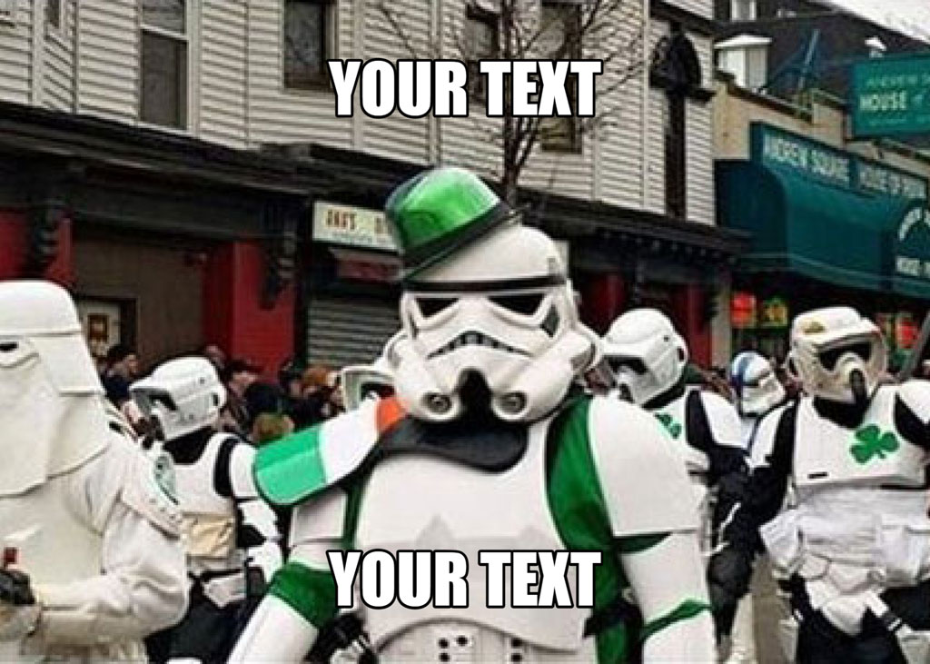 Stormtroopers in green attire marching in a St. Patrick's Day parade
