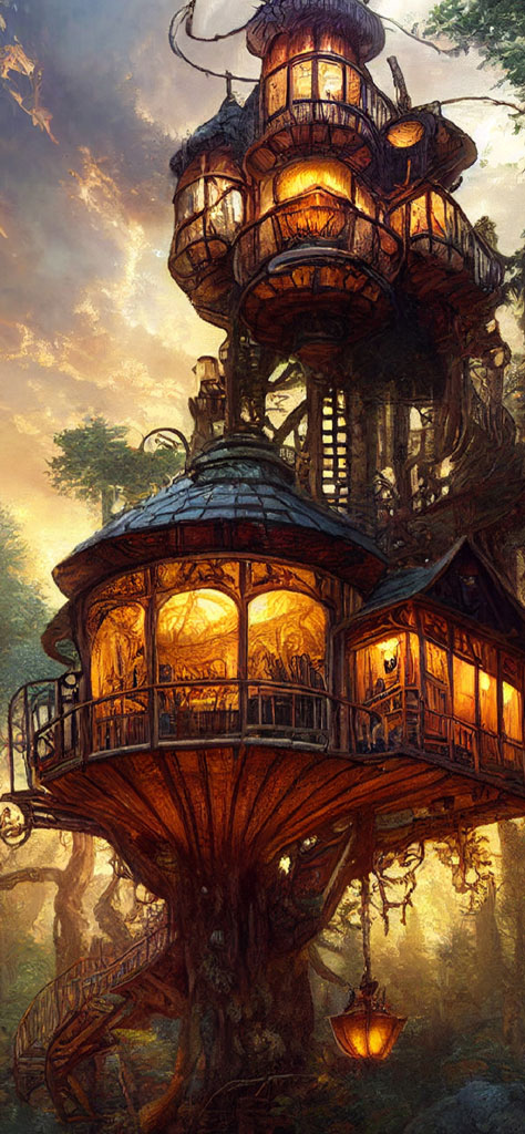 A fantastical treehouse with multiple levels and lanterns, set against a dreamy forest backdrop.