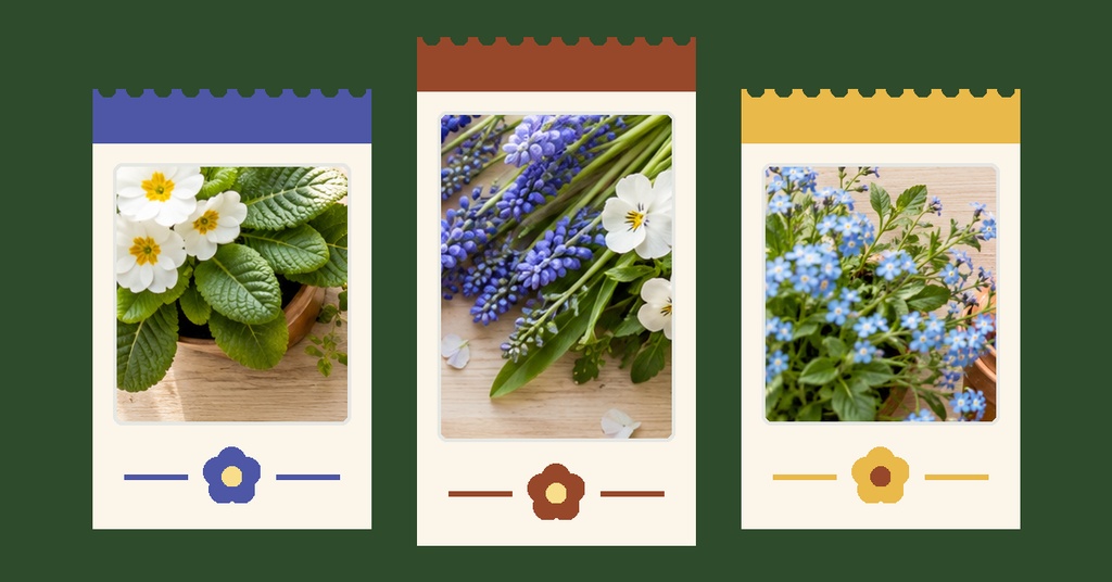 Three floral garden shop banner panels with flower photos and colored scalloped tops