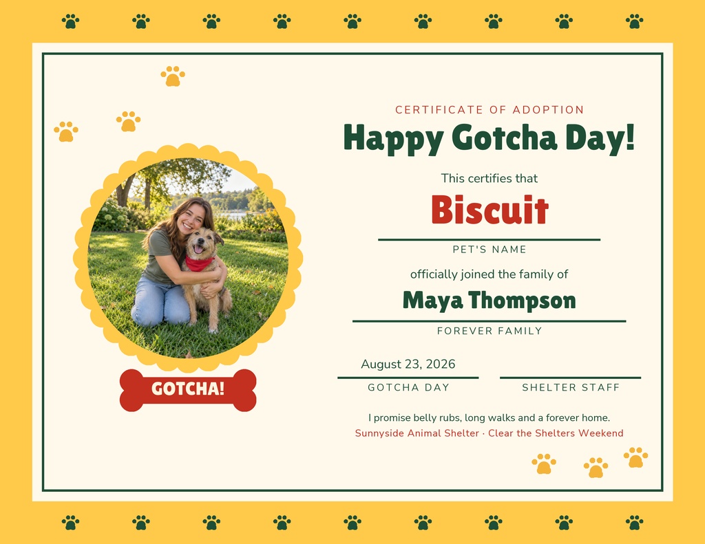 Landscape adoption certificate with paw print border, dog photo, and gotcha day text.