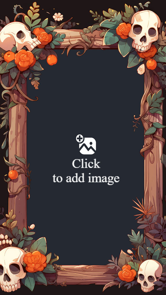 A dark floral frame with skulls and orange flowers.