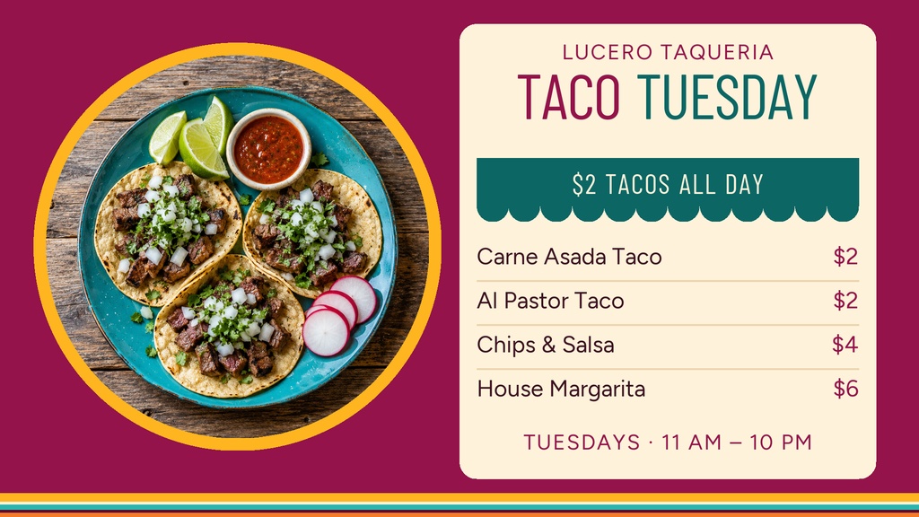 Taco Tuesday menu board with taco photo and listed specials on a cream panel