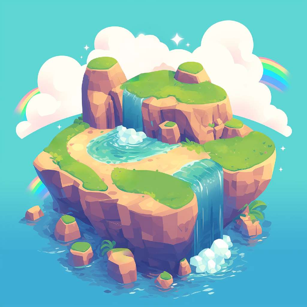 A cartoon-style illustration of a floating island with a waterfall and rainbows