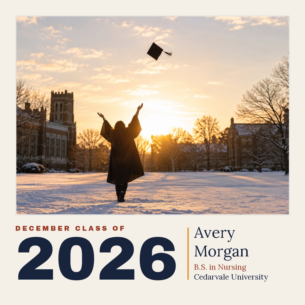 Square graduation post with a graduate silhouette throwing a cap at sunset and large 2026 text.