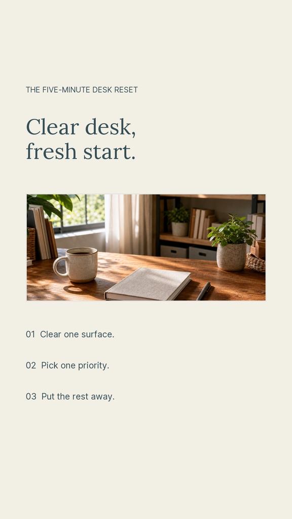 Minimal Instagram story template with a desk photo and list of three reset tips.