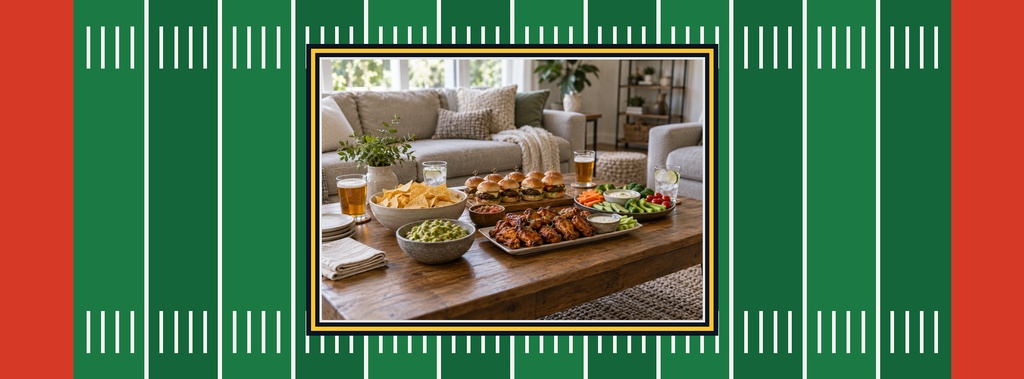 Football field background with a centered photo of game day food on a living room table.
