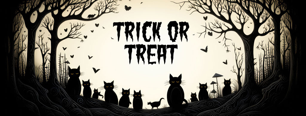 Halloween cats trick or treating in a spooky forest with bats and bare trees