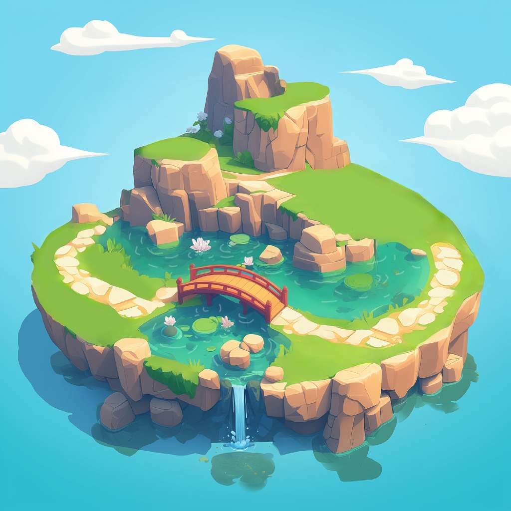 A cartoon island with a pond, waterfall, and bridge.