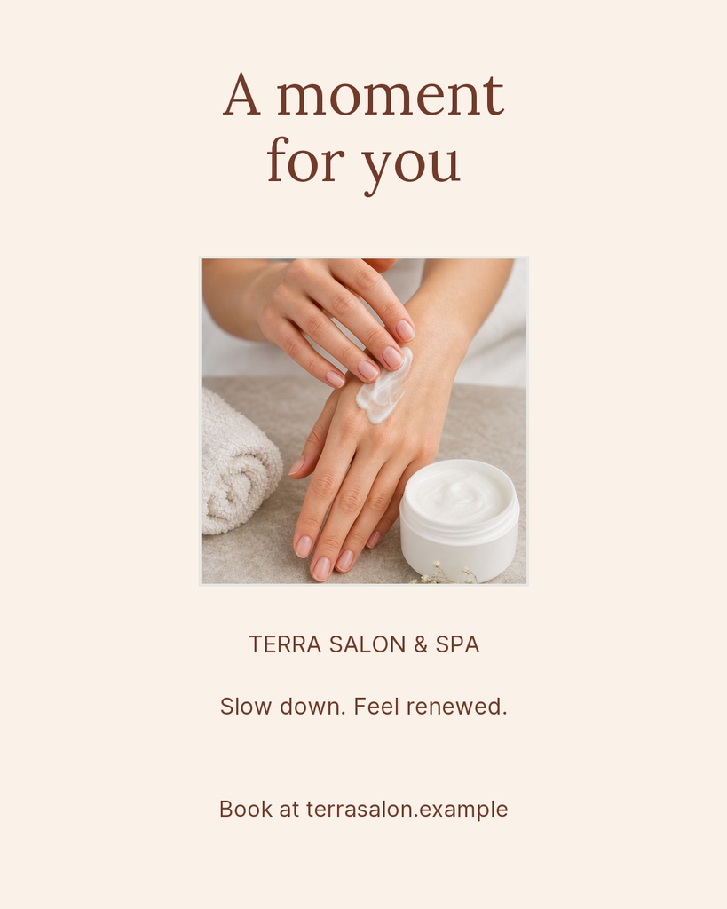 Minimal beige portrait post with a hand cream photo and Terra Salon text.