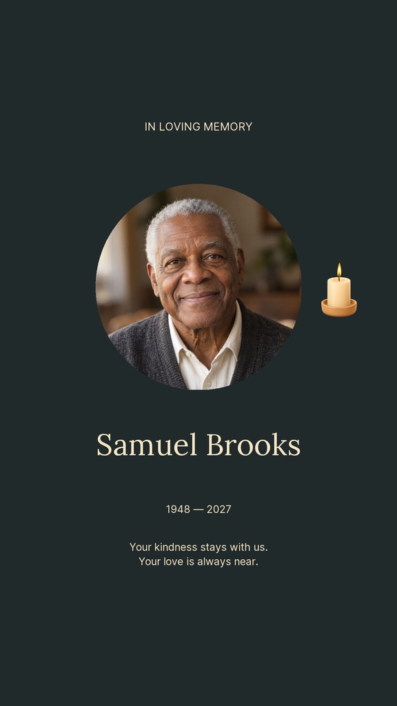 Portrait memorial story layout with a candle, name, dates, and remembrance message on a dark background.