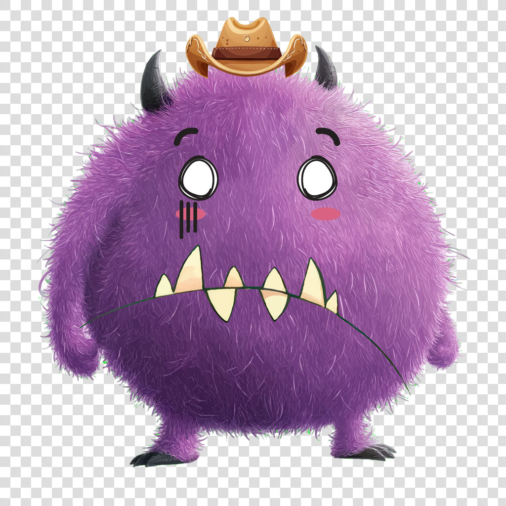 Purple furry monster with cowboy hat and sharp teeth