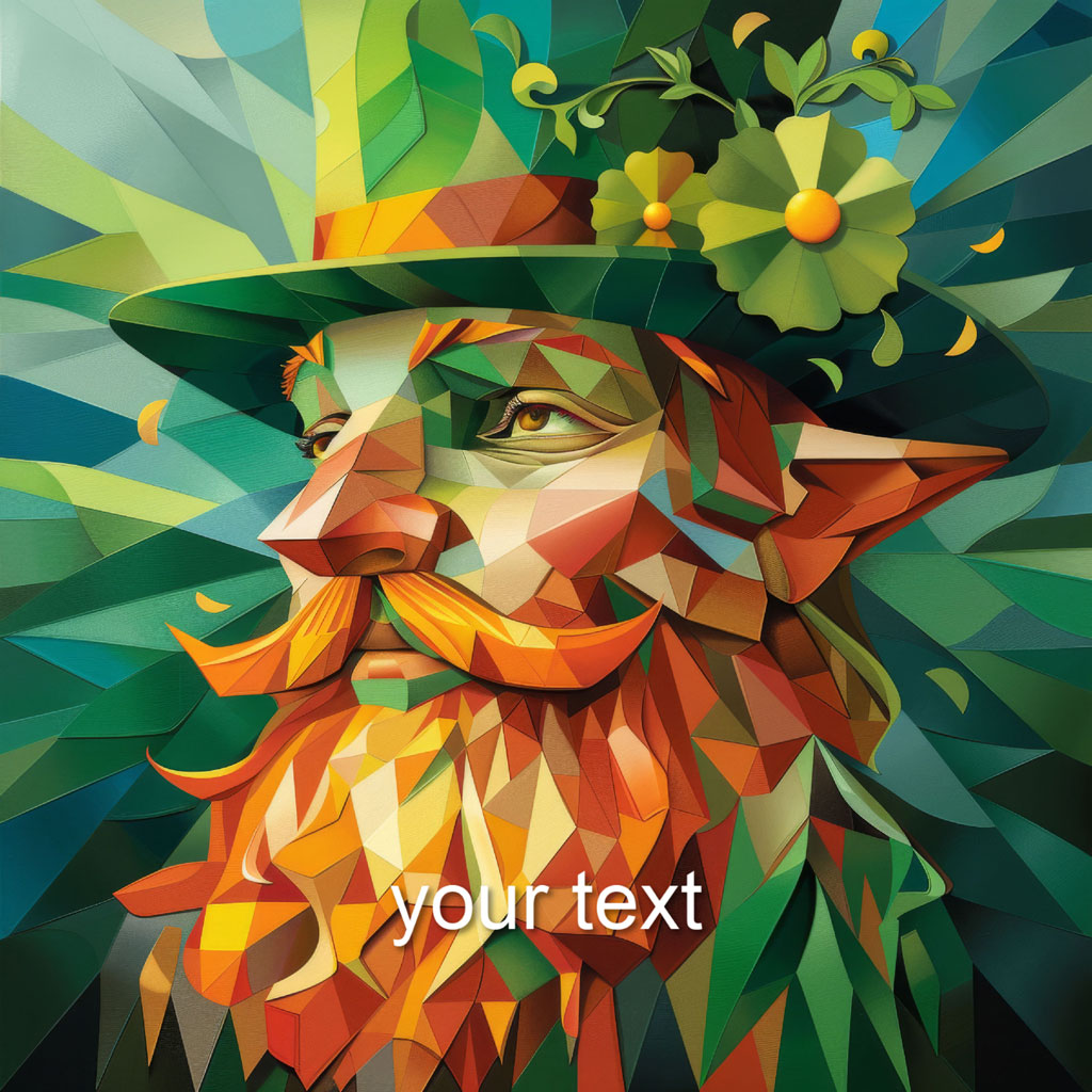Low poly illustration of a bearded leprechaun with a green hat adorned with shamrocks
