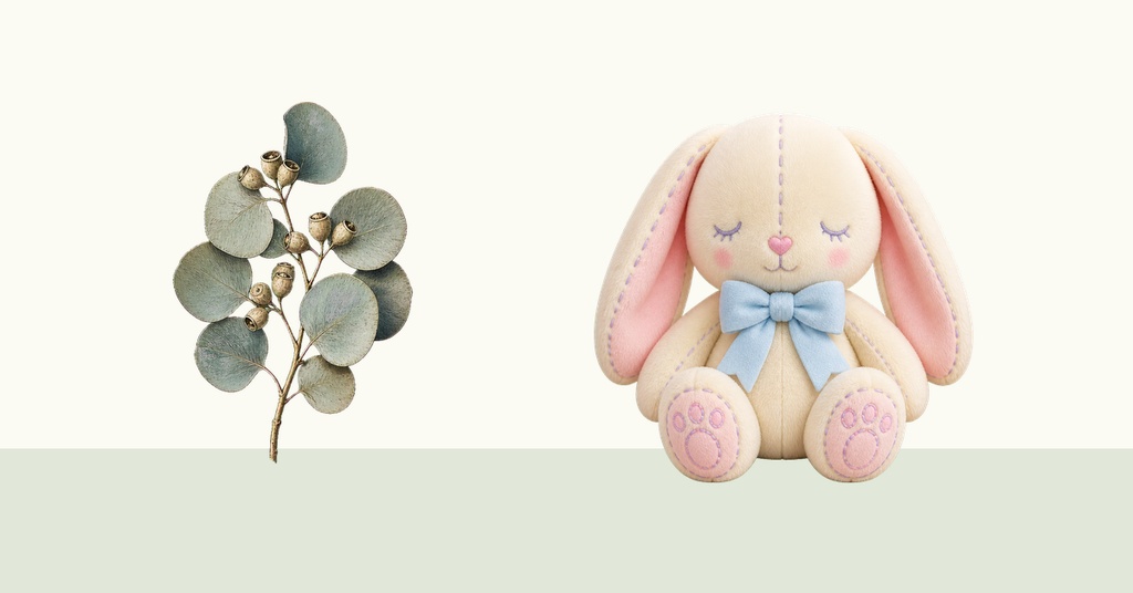 Pastel bunny with closed eyes beside eucalyptus sprig on a soft cream and sage background