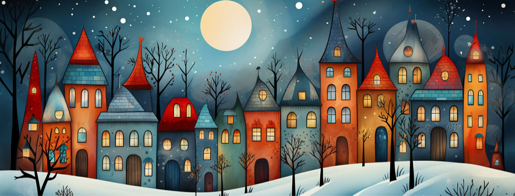 Illustration of a whimsical winter village with colorful houses and bare trees under a full moon