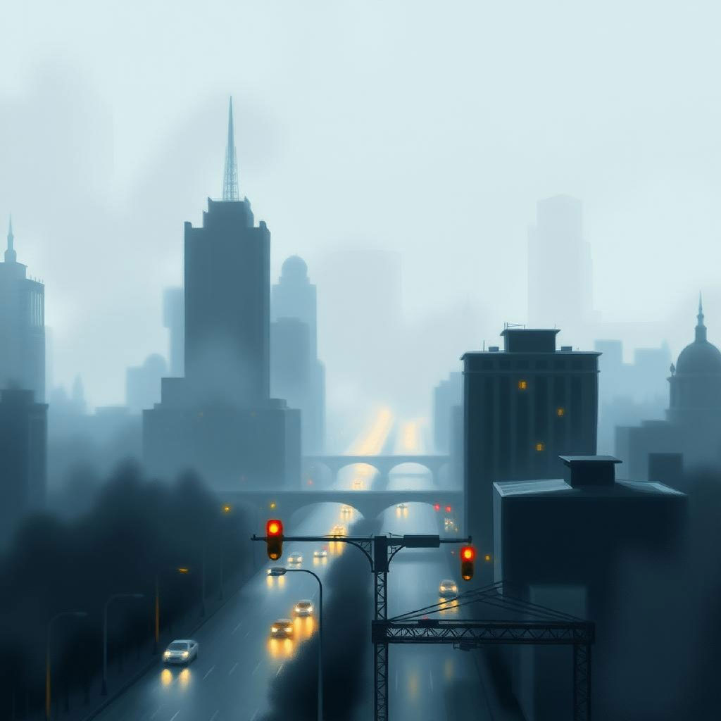 A foggy cityscape with a highway and skyscrapers in the background.