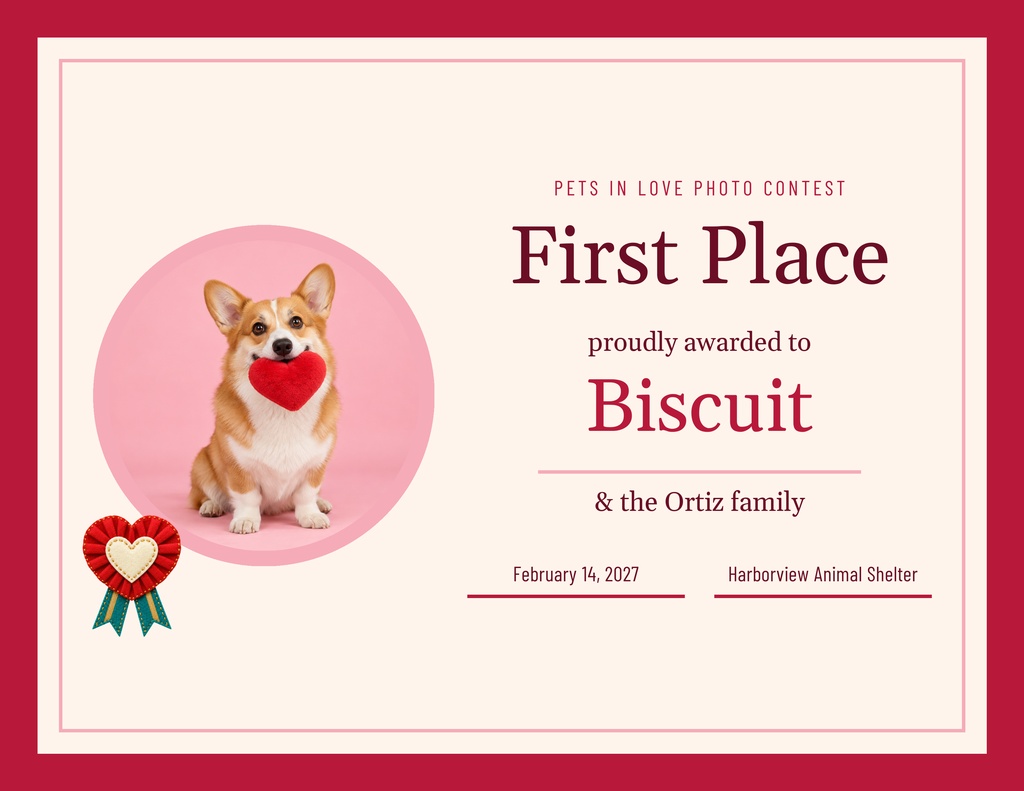 Preview for Pets In Love Photo Contest Keepsake Certificate Template