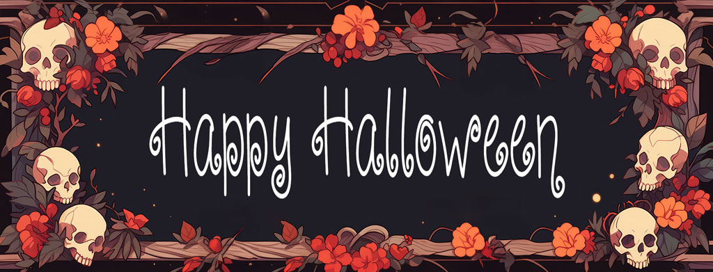 Halloween greeting with skulls and flowers border