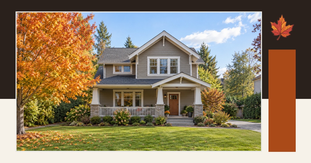 Two-story house with autumn trees and a small fall leaf accent on a beige and brown cover design