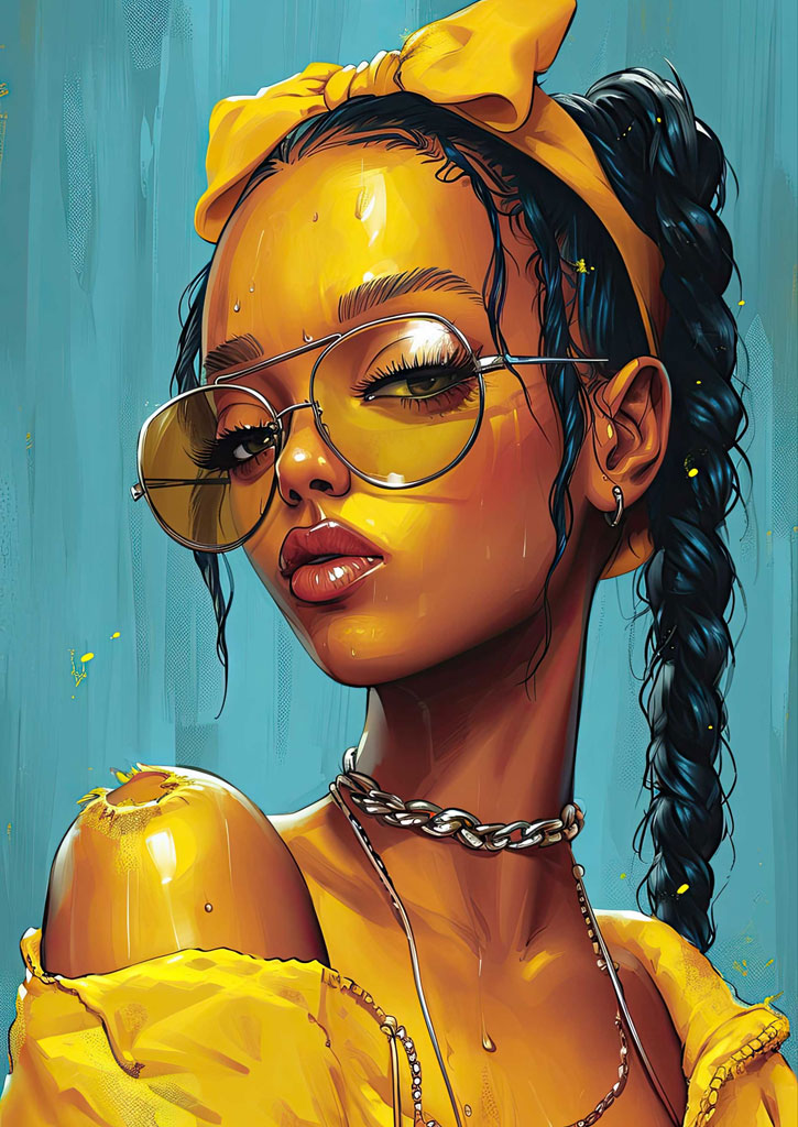 A woman with dark braided hair and yellow clothing and accessories, against a blue backdrop.