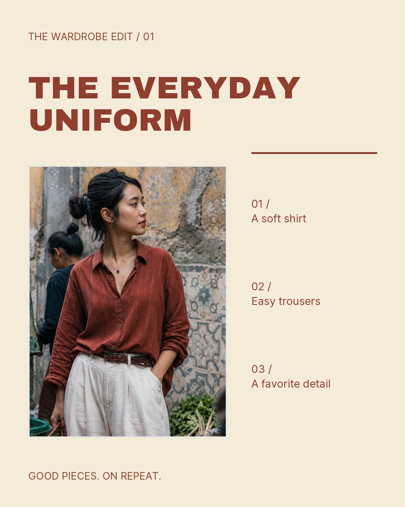 Fashion portrait of a woman in a rust shirt and light trousers beside editorial text layout.