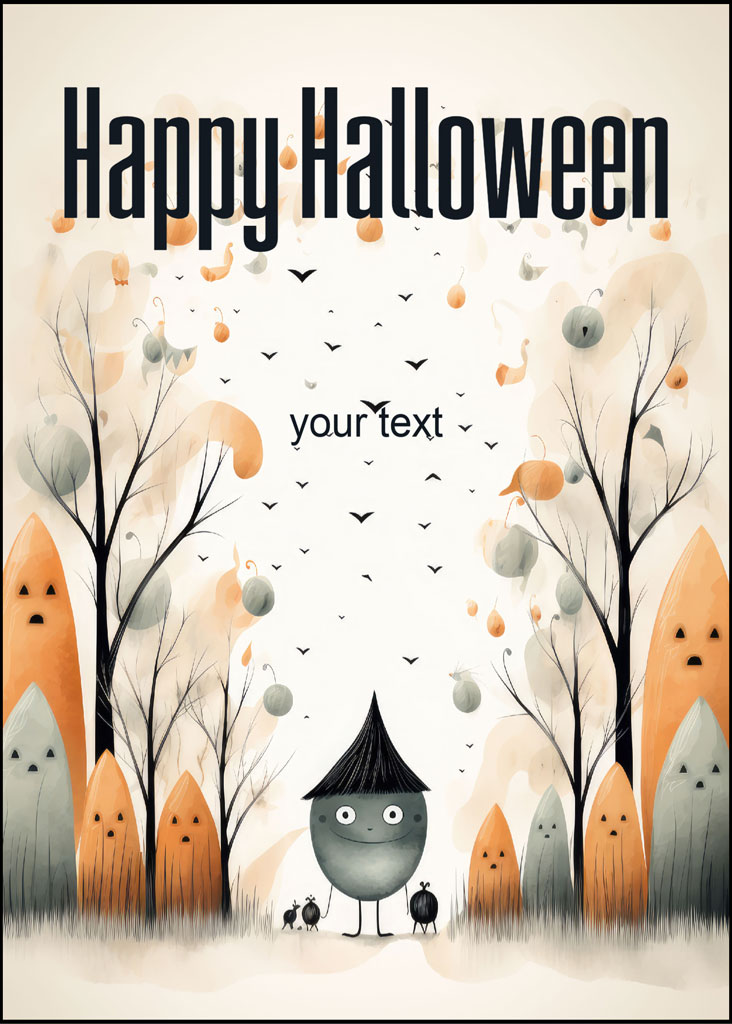A Halloween greeting card with a cartoon character and pumpkins.