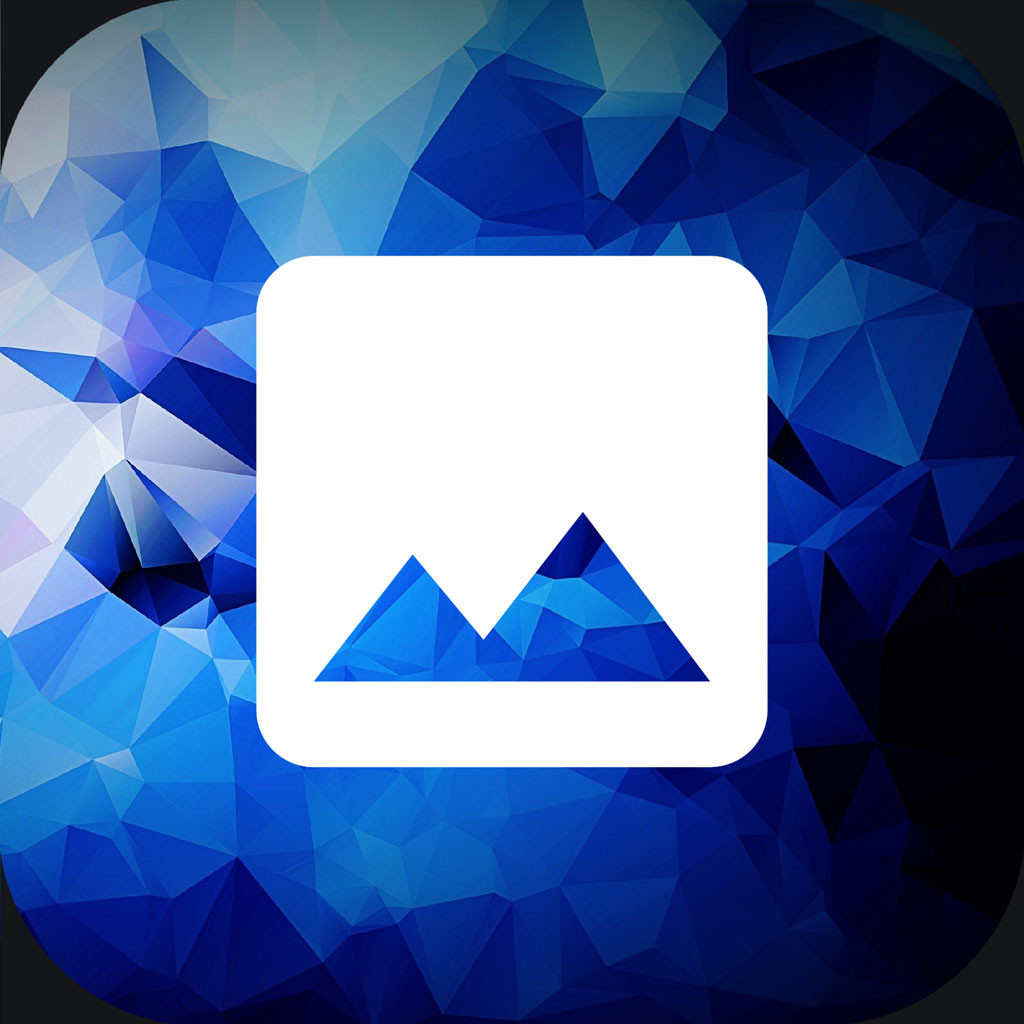 A white icon with a blue geometric mountain design on a blue polygonal background.